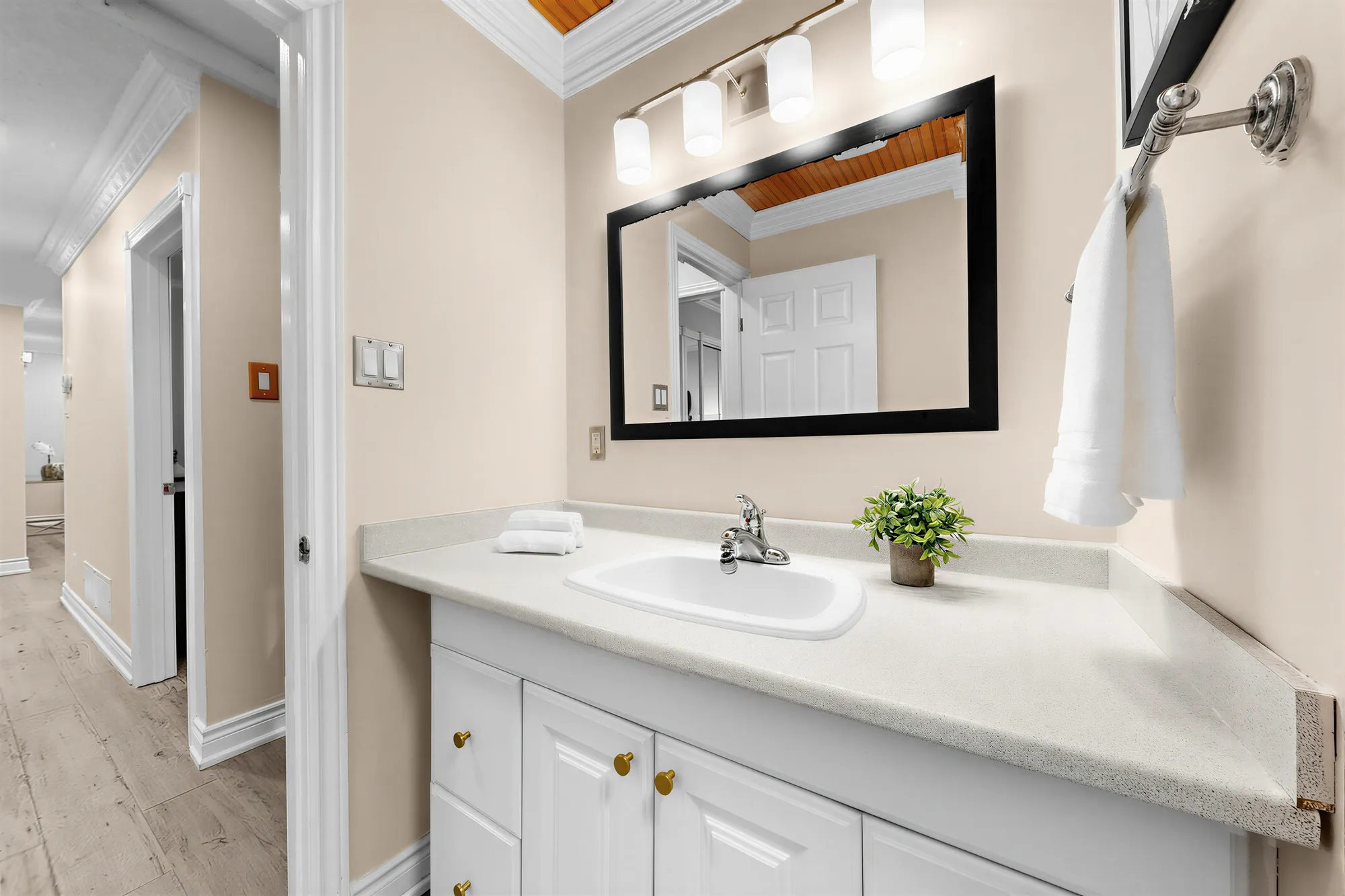 The bathroom vanity: a white counter and sink, a wide black-framed mirror, a light bar above