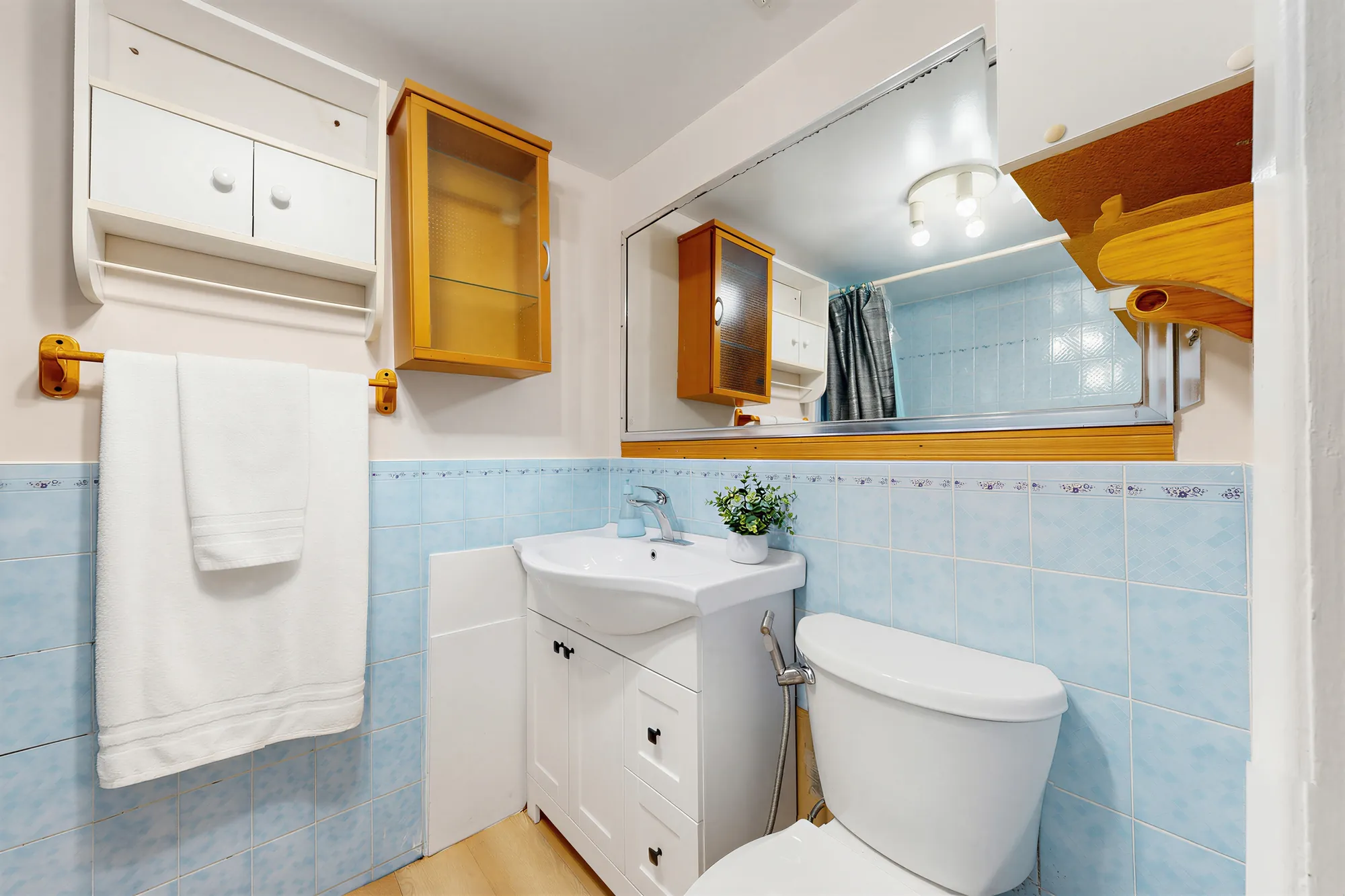 The lower bathroom: blue wall tile, a small white vanity, a toilet, a mirror and wooden shelves