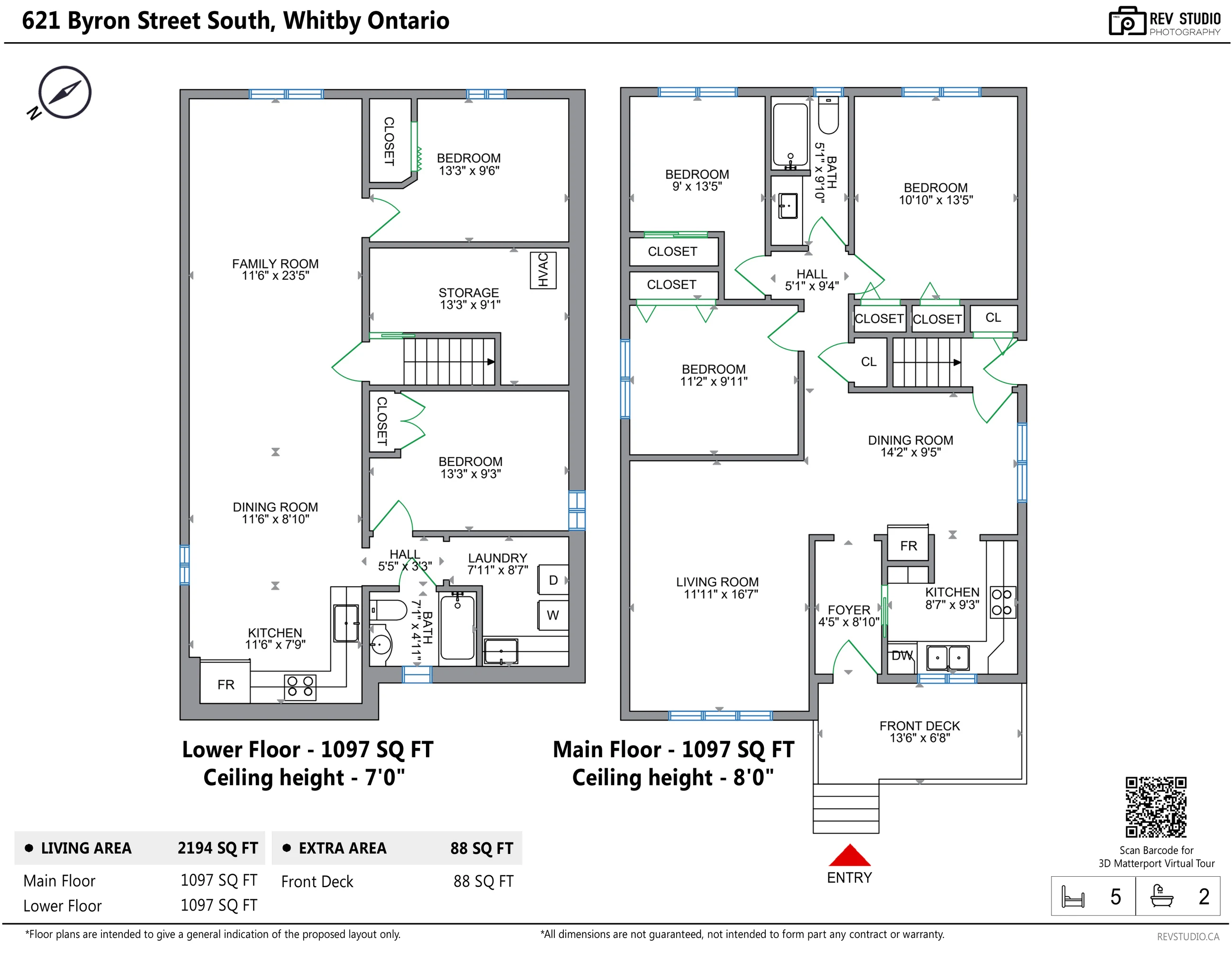 Floor plan of 621 Byron Street South: the lower floor with a family room, a dining area and a kitchen in one long room, two bedrooms, a storage room, a bathroom and the laundry; the main floor with the living room, the foyer, the kitchen, the dining room, three bedrooms, a bathroom, the hall and the front deck