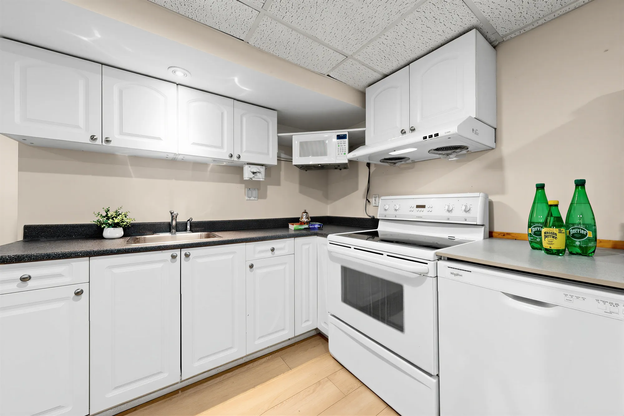 Along the lower kitchen counter: the sink, the range under a hood, white cabinets above